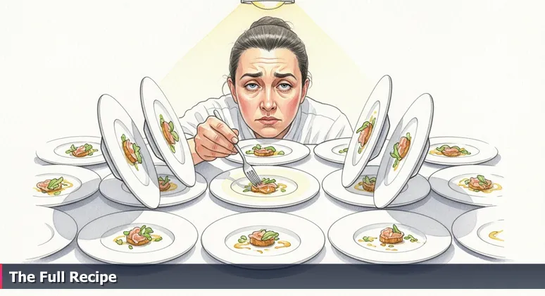 A weary food competition judge comparing ten identical plates, symbolizing the nuance in ranking tech companies by compensation packages in Charleston.