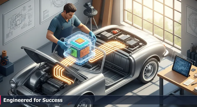 A mechanic's hands installing a modern electric engine into a vintage car in a sunlit garage, symbolizing Charleston's tech evolution from historic industries to AI innovation.