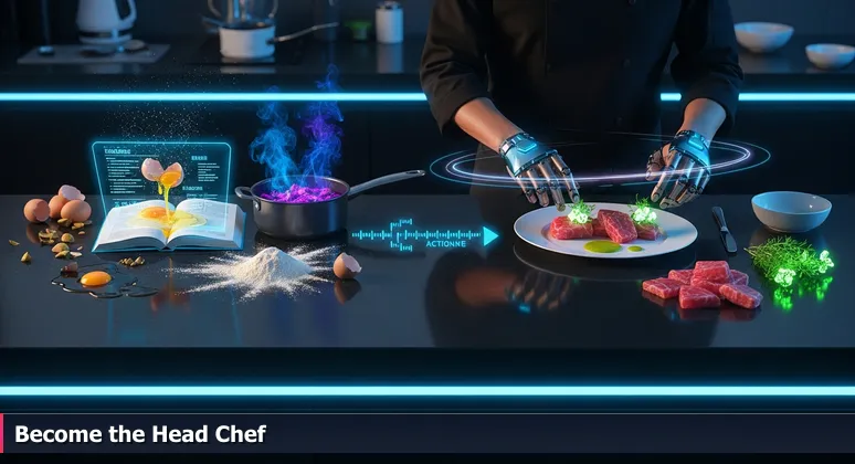 Chaotic kitchen with a cookbook and spilled ingredients, while a chef plates a perfect dish, symbolizing the AI engineering journey from theory to practice in Charleston.