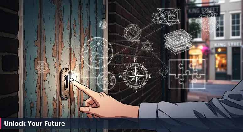 A weathered door in a Charleston alley with a hand tracing a subtle keyhole, symbolizing hidden funding opportunities for tech training.