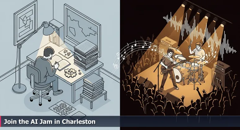 A split visual showing the transition from solitary AI study to collaborative networking at a vibrant Charleston tech event, with musical elements symbolizing jam sessions.