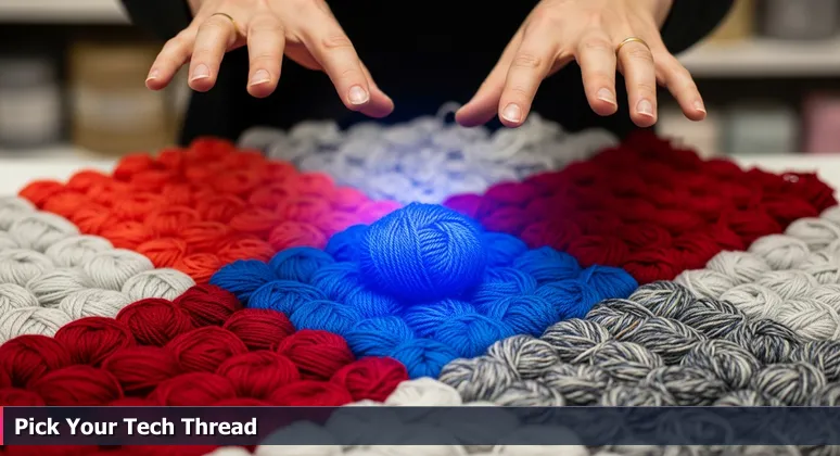 Hands hovering over colorful yarn skeins, symbolizing tech career choices in Charleston's Silicon Harbor.