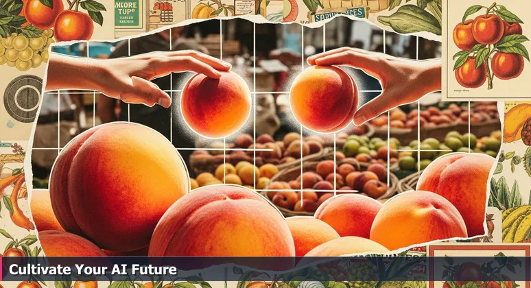 Close-up of hands at Charleston Farmers Market hesitating between two ripe peaches, symbolizing the choice among AI bootcamps for a tech career.