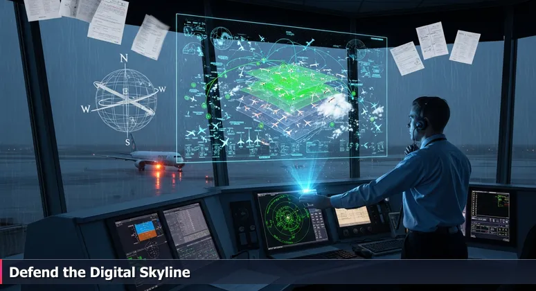 Air traffic controller in Charleston International Airport tower during a storm, monitoring radar screens with green flight blips and rain-streaked windows showing Boeing 787 lights.