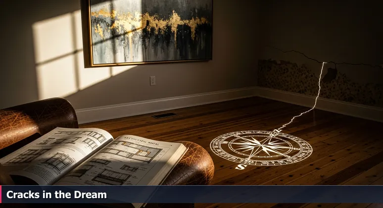 A beautifully staged living room in a Charleston historic home, with sunlit floors and art, but showing signs of wear like peeling wallpaper and a crack