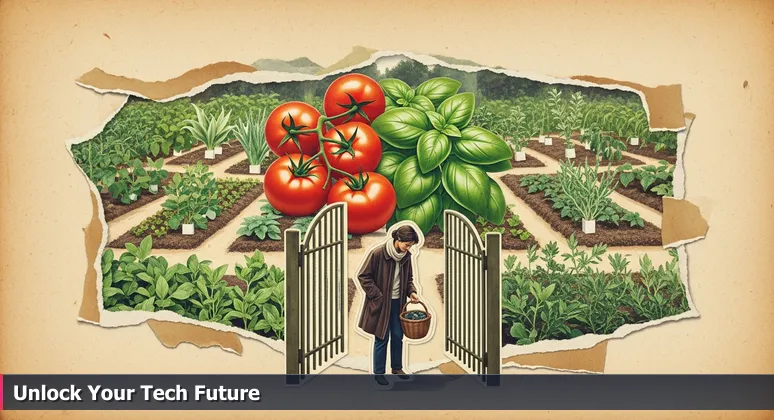 A person standing at the open gate of a vibrant community garden in Charleston, holding an empty basket, with others harvesting inside, symbolizing accessible tech training.