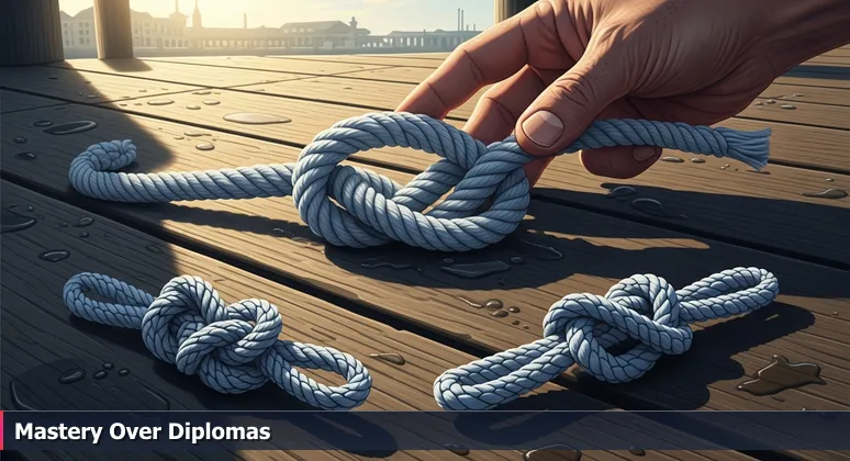 A weathered hand holding a perfectly tied nautical knot on a Charleston dock at dawn, symbolizing tech skills over academic degrees