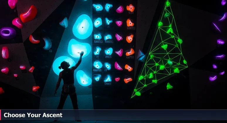 A rock climber at the base of an indoor climbing wall, assessing multiple routes marked with colored tape, symbolizing the choice of tech startups for junior developers in Charleston.