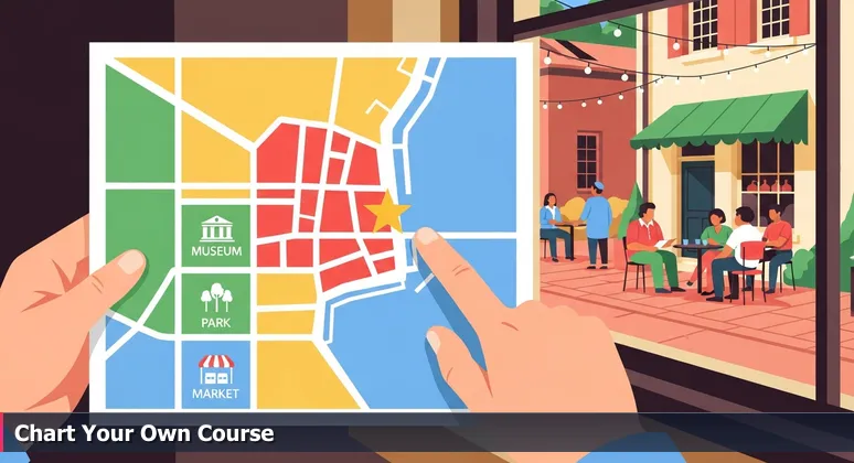 Close-up of hands holding a simplified, colorful map of Charleston with a finger pointing to a star, while a window reflection shows a vibrant courtyard scene with people chatting at a coffee shop.