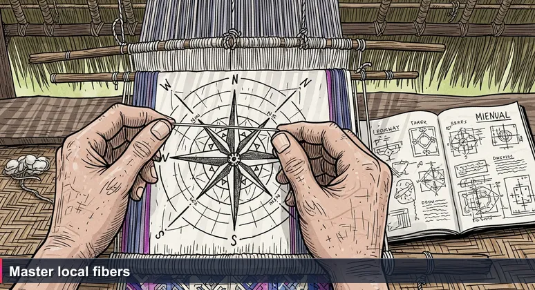 Close-up of weathered hands holding a naturally dyed cotton strand over an intricate tais pattern on a backstrap loom, with soft sunlight filtering through.