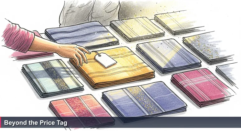 A woman's hand hovers over two handwoven tais cloths at a Dili market stall, one tagged $80, the other $25 with no label, morning light catching dust motes.