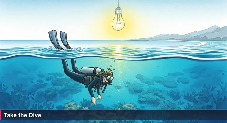 Scuba diver floating on ocean surface above unmapped coral reef, with Dili coastline in soft focus, symbolizing the decision to pursue a tech career in Timor-Leste.