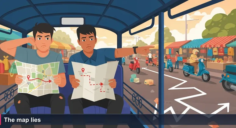 Young man in blue tuk-tuk holding a crumpled map, dusty street with market stalls and scooters in Dili, late afternoon light.