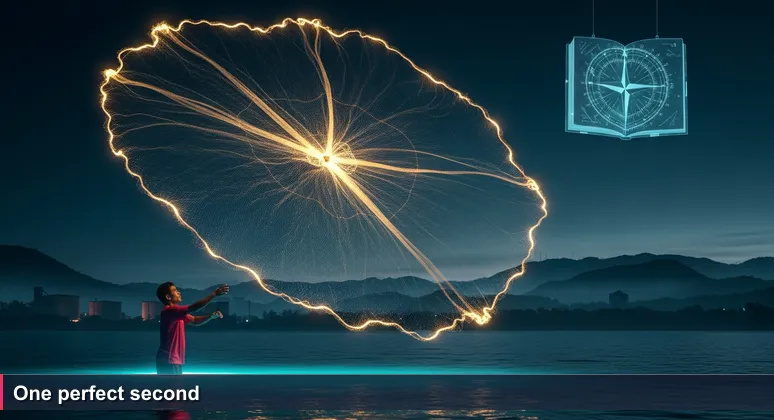 Timorese fisherman at dawn on Areia Branca beach casting a net against the backdrop of Dili's hills and Petroleum Fund tanks. Golden sunlight catches the net in mid-air.