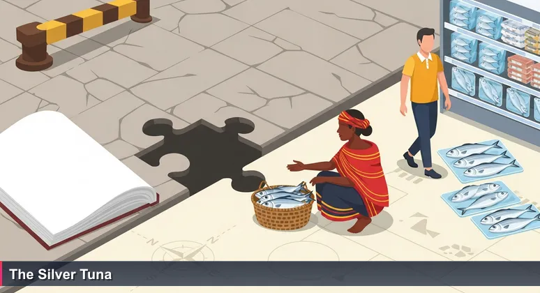 A Timorese woman in a patterned tais cloth crouches beside a woven basket of silver fish at a Dili market, while a foreigner walks past a supermarket shelf with identical fish in plastic wrap, illustrating two-tier pricing.