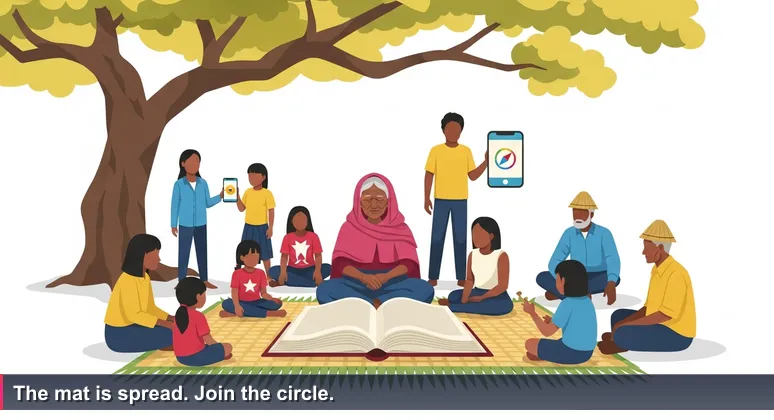 An older Timorese woman in a tais cloth sitting on a woven mat under a tamarind tree, surrounded by people of all ages, one young man showing a Tetum AI app on a smartphone.