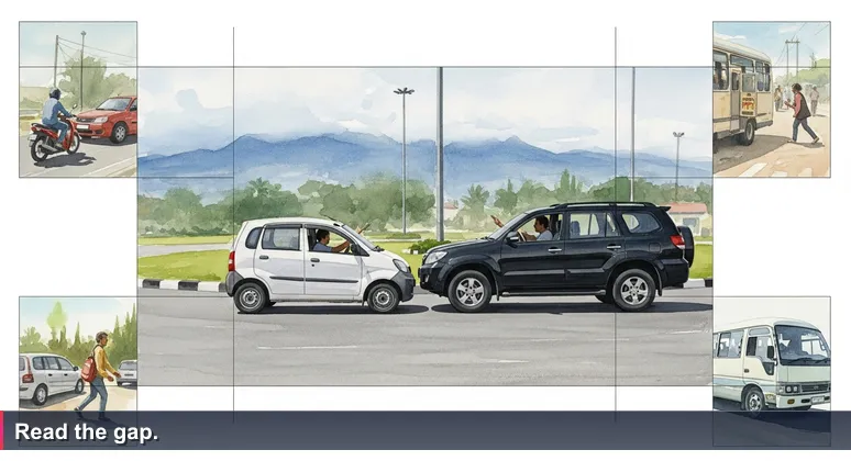 Comoro roundabout in Dili at sunset, with a white microlet and a black SUV pausing at the intersection, mountains in the background, symbolizing the unmarked AI job market.