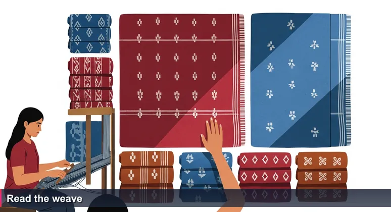 Young woman's hand hovering over colorful tais fabric at Dili market, weaver in background holding shuttle