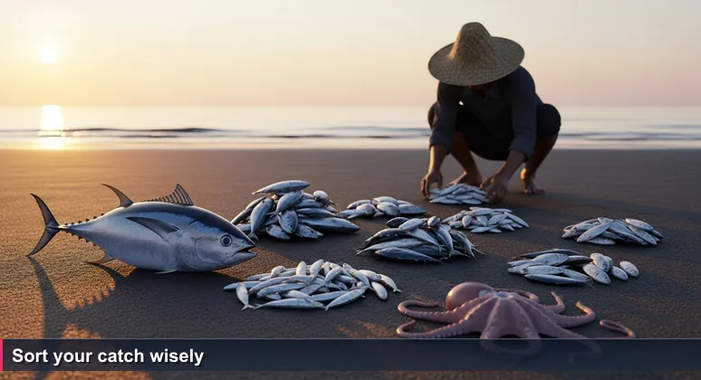 A fisherman sorting fish on Tasi Tolu beach in Dili at dawn, with a woven basket and the ocean in the background, symbolizing the decision process of choosing a bootcamp.