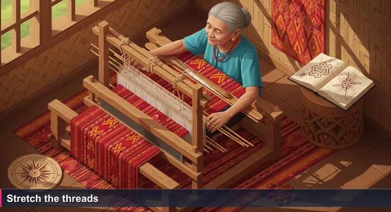 Elderly weaver's hands stretching bright warp threads on a wooden tais loom in a Dili suco, with a half-finished geometric cloth in background.