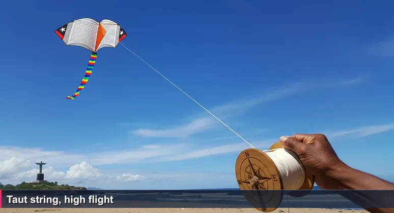 A colorful kite flying against a bright blue sky over Areia Branca beach in Dili, with a hand gripping the string taut and the Cristo Rei statue in the background.