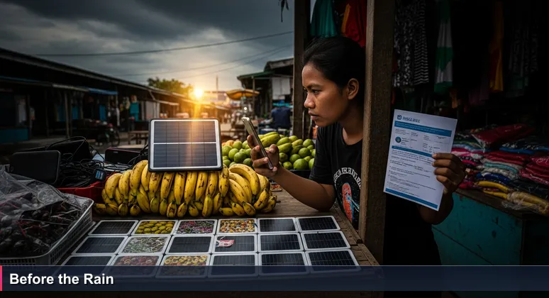 Young person at a market stall in Dili holding a smartphone angled toward a small solar panel on bananas, rain clouds overhead, with a free training flyer in hand