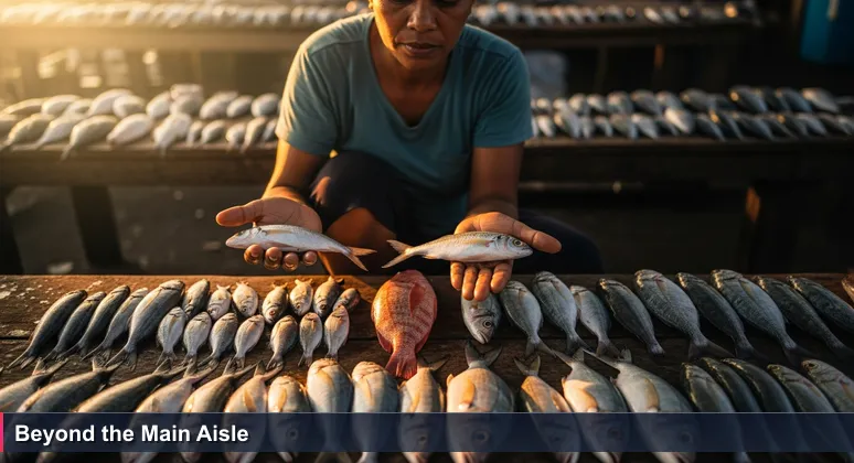Woman at Dili municipal market crouches at back corner stall, holding a small fish, ignoring the front stall, representing hidden AI job opportunities.