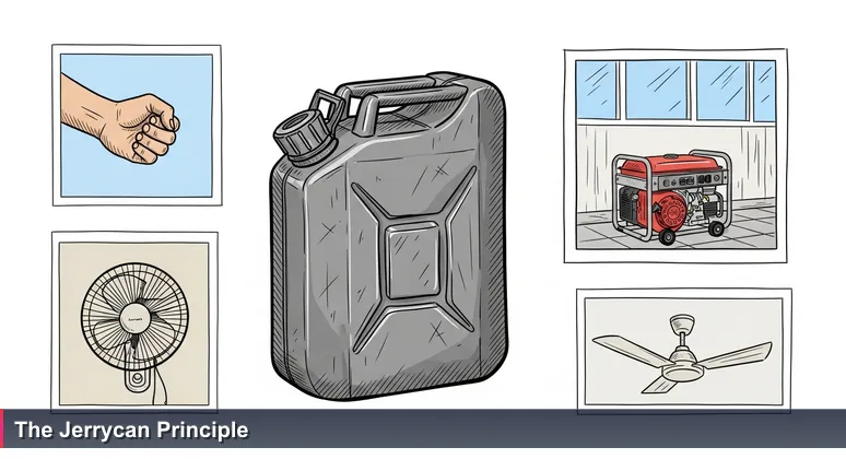 A hand lifting a half-full jerrycan on a concrete floor, with a generator visible through a window in a sunlit Dili rental.