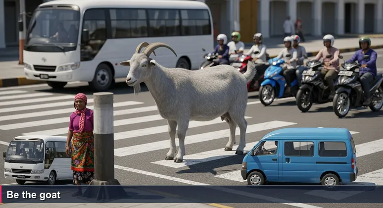 A grey goat stands in the middle of a busy Dili intersection near Mercado Municipal, ignoring the pedestrian crossing, symbolizing career shortcuts in Timor-Leste's tech job market.