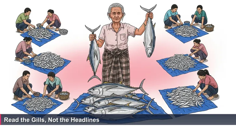 Elderly woman in faded sarong at Dili's Merca Mercado at dawn, holding a fish by the tail, inspecting it in pink morning light, surrounded by piles of tuna on blue tarps.