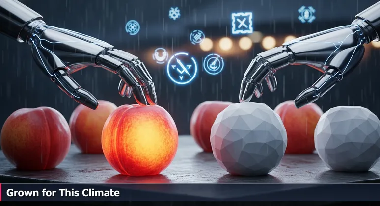 Hands at a rustic farmers' market stand selecting peaches, with blurry 'LOCAL' signs, symbolizing the search for authentic AI startups tailored to Elgin's industries like healthcare and logistics.