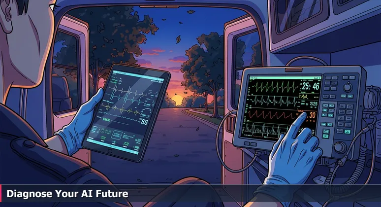 A paramedic in Elgin, IL, using a tablet in an ambulance to diagnose, symbolizing the urgent competence needed for AI careers in 2026.