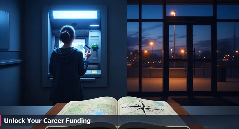 A person at a dusk-time bank ATM with a blue screen error message 'Transaction cannot be completed. Please see bank teller,' symbolizing barriers to accessing tech training funds in Elgin, IL.