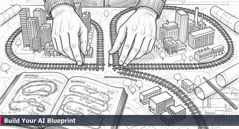 Close-up of hands connecting model train tracks on a tabletop landscape with miniature city and factories, symbolizing AI network building for professionals in Elgin, Illinois.