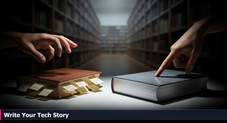 Hands hovering between a shiny book and a worn book on a library shelf, symbolizing the choice of tech careers in Elgin, IL.