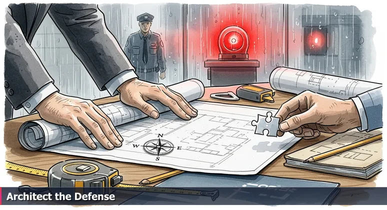 Architect's weathered hands spreading a blueprint for a secure vault on a cluttered table, with a blurry background of a security guard reacting to a flashing alarm light, symbolizing strategic cybersecurity planning.