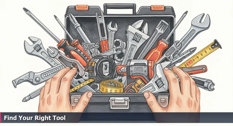 Close-up of hands hovering over an overflowing toolbox with mixed tools like screwdrivers and tape measures, representing Elgin's diverse free tech training options for career development.