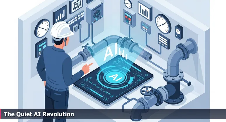 A maintenance worker in a hard hat stands in a water treatment plant control room, hand on an analog gauge while viewing an AI model on a tablet.