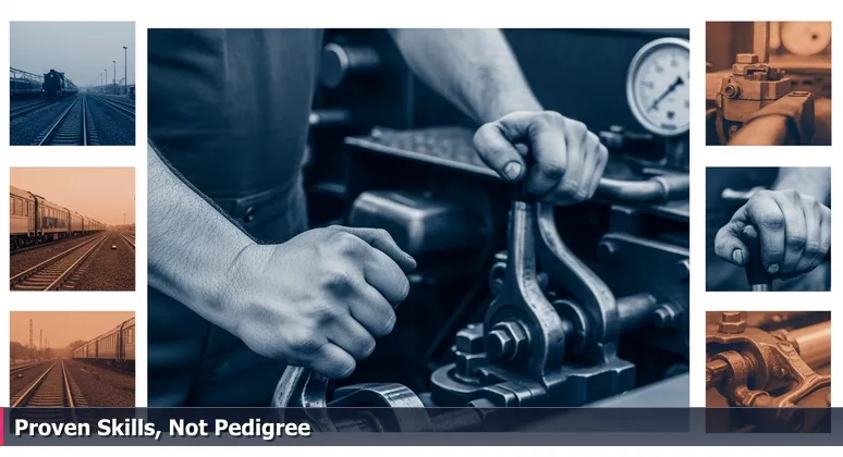 Close-up of skilled hands operating locomotive controls in an Elgin rail yard at dawn, symbolizing hands-on tech careers that value practical ability over formal education.