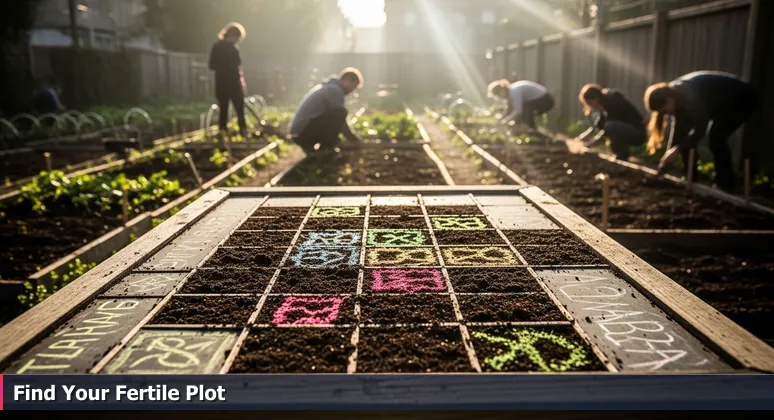 A community garden with assigned central plots and people working on fertile soil along the fence line, representing tech opportunities in Elgin, IL.