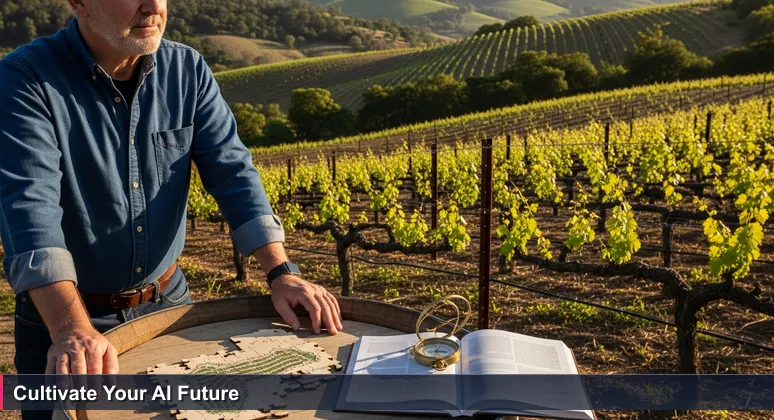 A winemaker in Sonoma County vineyards at sunset, representing the applied knowledge and local focus required for an AI career in Santa Rosa, CA.