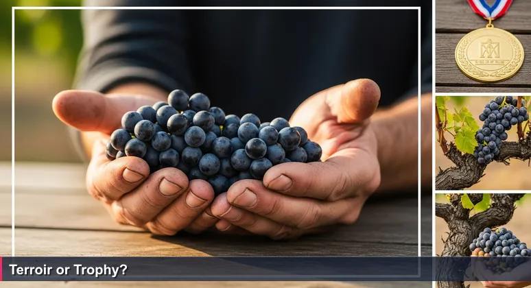 A winemaker's hands holding grapes in a Santa Rosa vineyard, with a gold medal on a wooden table, symbolizing the choice between local and global tech careers.
