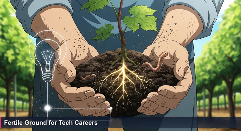 A farmer's weathered hands holding fertile vineyard soil with an earthworm and grapevine roots, symbolizing stable tech careers in Santa Rosa.