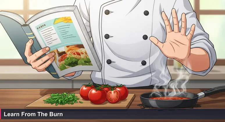Close-up of hands in a sunny Santa Rosa kitchen: one holds an open cookbook, the other hovers over a smoking pan with burned sauce, with fresh tomatoes and herbs prepped nearby.