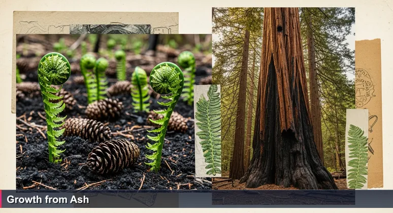 Close-up of post-wildfire forest regeneration with green fiddlehead ferns growing from charred soil and a fire-scarred redwood tree in the background, symbolizing tech rebirth in Santa Rosa.