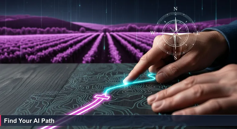Hands tracing a hand-drawn shortcut on a paper map on a wooden table in a Sonoma vineyard, with vineyard hills in the background.