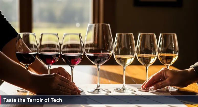 Six wine glasses with different vintages on a rustic wooden table in Sonoma County, overlaid with technical schematics symbolizing diverse AI engineering careers in Santa Rosa, CA.