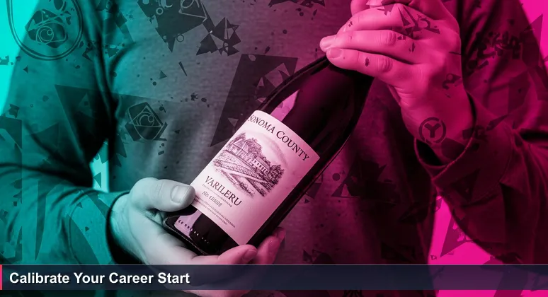 A wine bottle from Sonoma County with a label overwritten with tech job titles, logos, and salaries, illustrating career options in Santa Rosa.