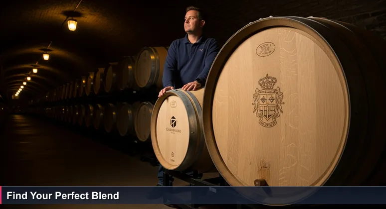 A person in a Sonoma wine cave choosing between two barrels labeled with bootcamp logos, representing educational investment for AI careers in Santa Rosa.