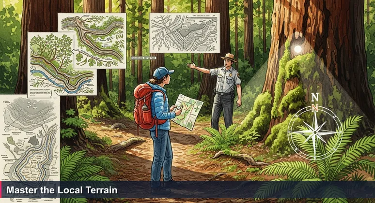 A hiker in Annadel State Park, Santa Rosa, holds a basic map while a park ranger points out hidden details in the forest, symbolizing the need for deep knowledge in cybersecurity job hunting.